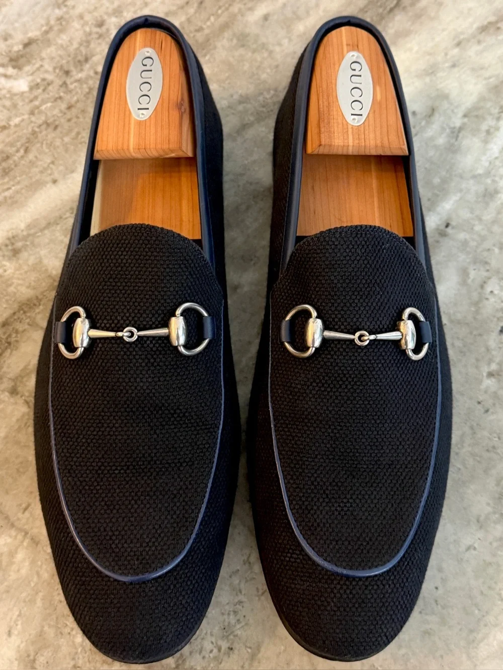 GUCCI BRIXTON Black Canvas Blue Leather Horsebit Loafer US 10.5 Gucci 10 Jordaan